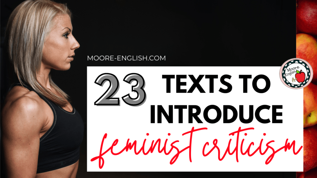 Silhouette of blonde woman in black sports bra appears under text that reads: 23 Texts for Introducing Feminist Criticism in High School ELA