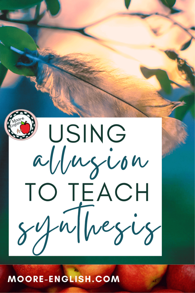 A white feather is caught in the branches of a tree. This image appears under text that reads: How To Use Mythology To Teach Allusion And Synthesis