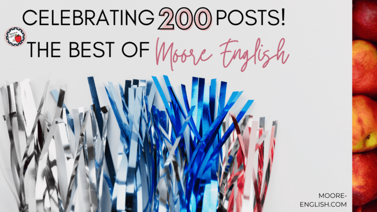 Party streamers appear under text that reads: The Best of Moore English / Celebrating 200 Posts!