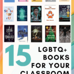 A collection of LGBTQ+ YA titles appears over top a rainbow image