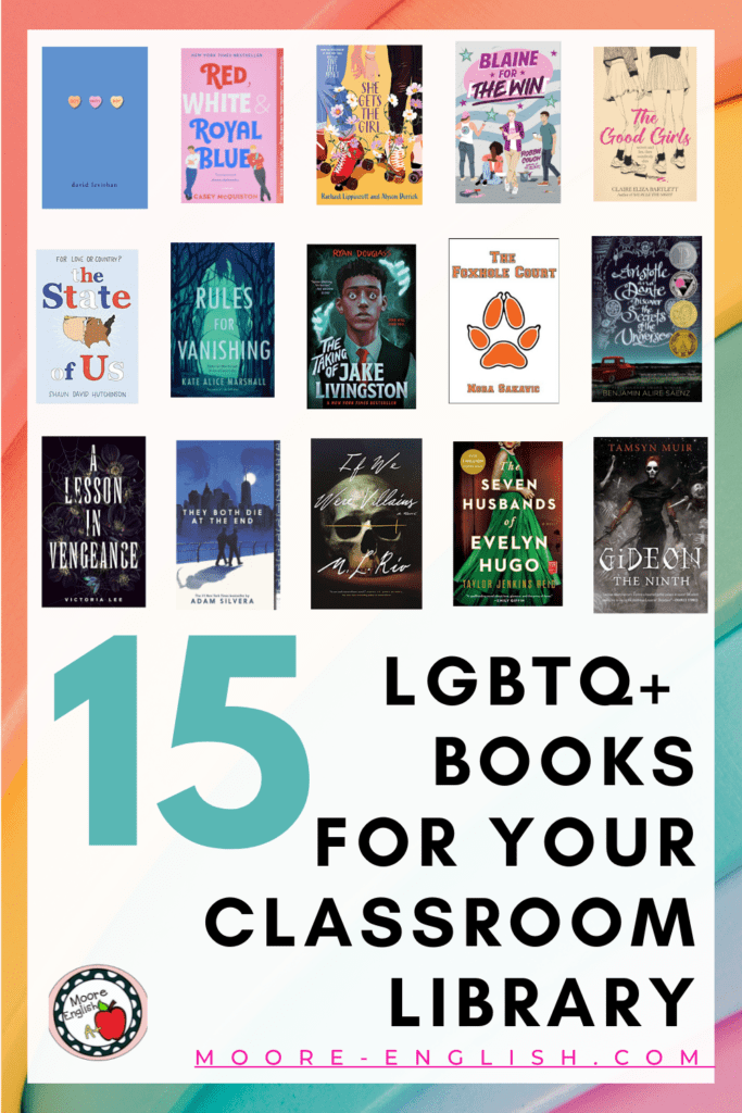 A collection of LGBTQ+ YA titles appears over top a rainbow image