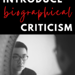 A man with glasses looks at his reflection in a circular mirror. This image appears under text that reads: 5 Texts for Introducing Biographical Criticism