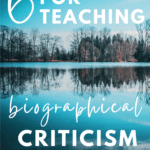 The trees along the bank of a lake reflect in the water. The image appears under text that reads: 5 Texts for Introducing Biographical Criticism