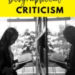 Woman holding a book is reflected back to herself. This image appears under text that reads: 5 Texts for Introducing Biographical Criticism