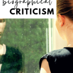 A white woman stares at her distorted reflection in the window. This appears under text that reads: 5 Texts for Introducing Biographical Criticism