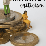 Figurines of a man and a woman appears atop a pile of Euros under text that reads: 10 Titles to Teach Marxist Criticism