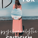 A woman in a pink dress stands on the beach and holds a circular canvas with an image of the shore. This appears under text that reads: 13 Texts for Introducing Psychoanalytical Criticism in High School ELA
