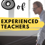 A man in glasses and dress clothes leans against a handrail and looks over a school cafeteria. This appears under images that read 8 Secrets Of Experienced Teachers