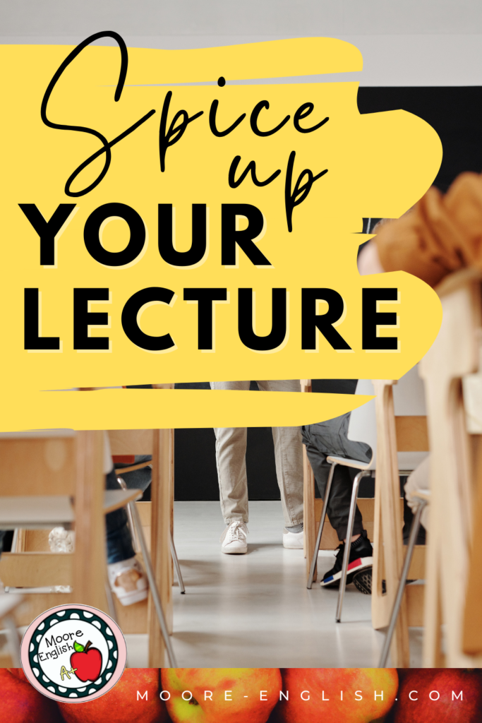 A teacher stands in front of a group of students, who sit in school desks. This appears under text that reads: 11 Easy Ways to Make Your Lecture More Engaging