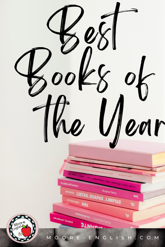 A stack of pink books appears under text that reads: The Best Books of 2022