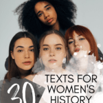 A photograph of a diverse group of women appears under text that reads: 30 Titles for Women's History Month #mooreenglish @moore-english.com