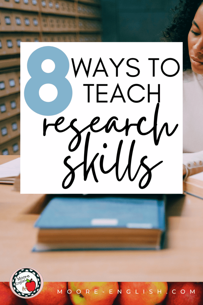 A woman researches at a library table. This image appears under text that reads: 8 Fresh, Fun Ways to Teach Research Skills