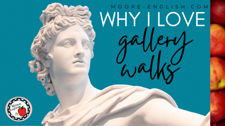 A statue appears beside text that reads: 6 Great Ways to Use Gallery Walks in Language Arts