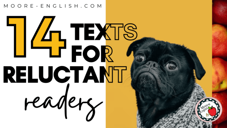 A pug in a sweater appears beside text that reads: 14 Texts to Engage Reluctant Readers in High School