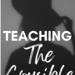The shadow of a woman in a witch's hat reflects on to a grey background. This image appears under text that reads: Communists and Witches: Teaching The Crucible