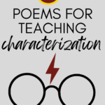 An outline of Harry Potter's round glasses and a red lightning bolt scar appears under text that reads: 6 Poems to Teach Characterization and Character Development @moore-english.com #mooreenglish