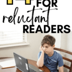 A young child stares at a laptop screen. He is not engaged. This text appears under text that reads: 14 Texts to Engage Reluctant Readers in High School