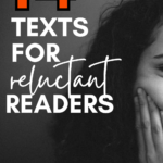 A young person with a disengaged expression appears under text that reads: 14 Texts to Engage Reluctant Readers in High School