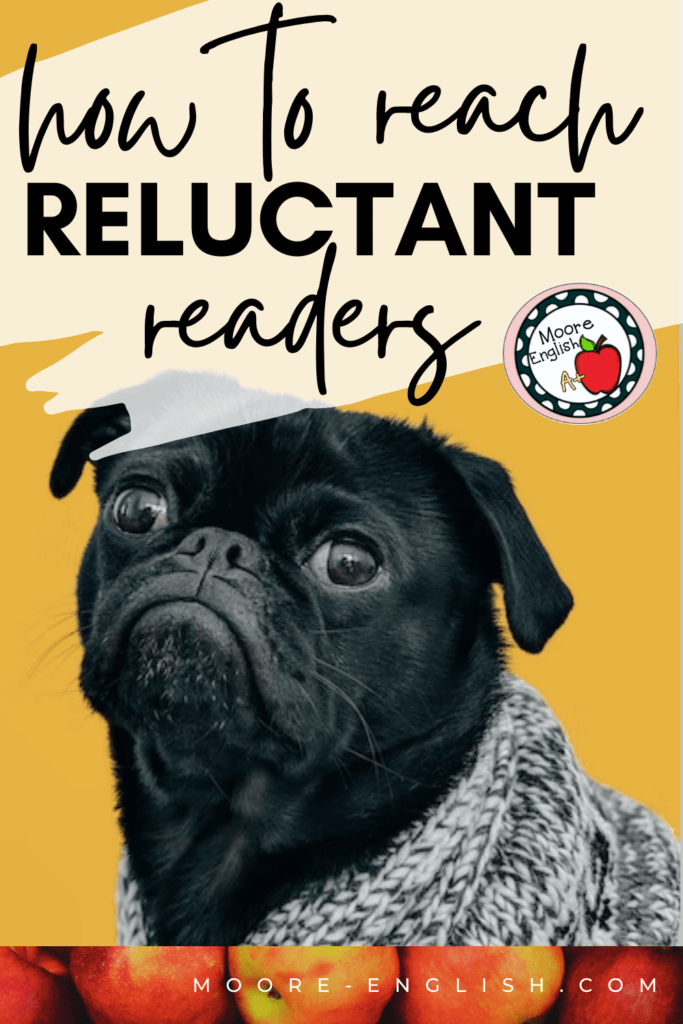 A pug in a sweater appears under text that reads: 14 Texts to Engage Reluctant Readers in High School