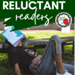 A woman sits on a park bench with a book draped across her face. This image appears under text that reads: 14 Texts to Engage Reluctant Readers in High School