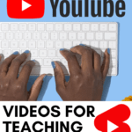 A person uses an Apple keyboard, which appears under text that reads: 21 Best YouTube Videos fro Secondary ELA @moore-english.com #mooreenglish