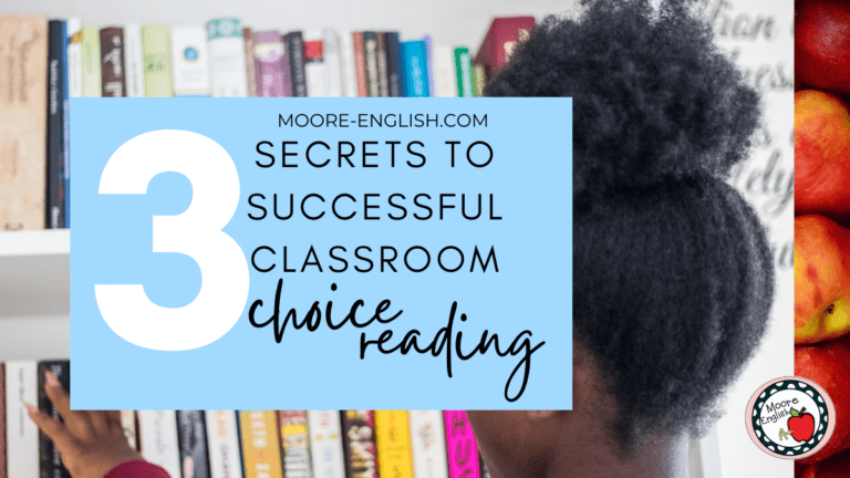 Student stands before a library shelf and chooses a book. This image appears below text that reads: 3 Secrets to Implementing Choice Reading in Your Classroom
