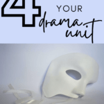 A white stage mask appears under text that reads: 4 Ways to Add Writing to Your Drama Unit