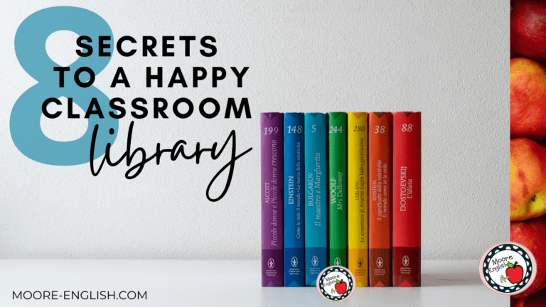 Rainbow books appear under text that reads: 8 Secrets to a Happy Classroom Library