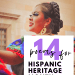 A smiling, dancing woman appears under text that reads: 14 Poems for Celebrating Hispanic Heritage Month