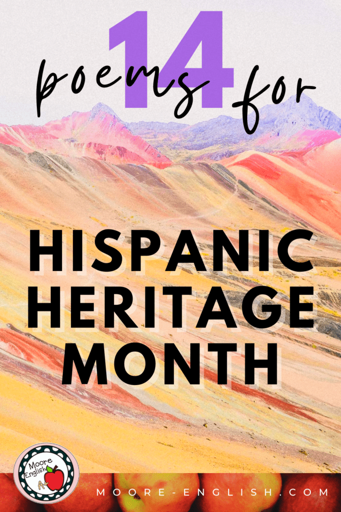 Colorful hills appear under text that reads: 14 Poems for Celebrating Hispanic Heritage Month