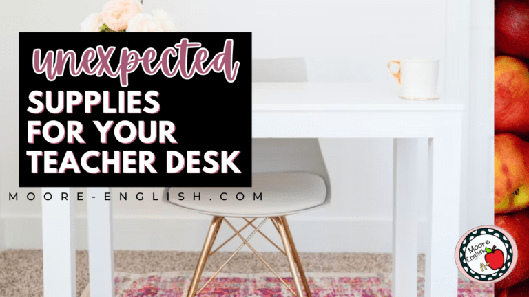 A white desk atop a pink carpet appears under text that reads: 15 Unexpected Supplies to Keep in Your Teacher Desk