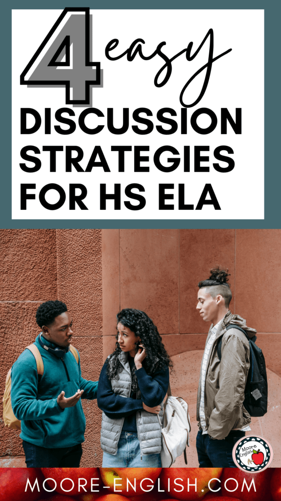 A photo of students chatting appears under text that reads: 4 Easy Discussion Strategies for HS ELA