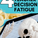A skeleton with its head on a computer appears under text that reads: 4 Ways to Easily Lower Decision Fatigue in the Classroom