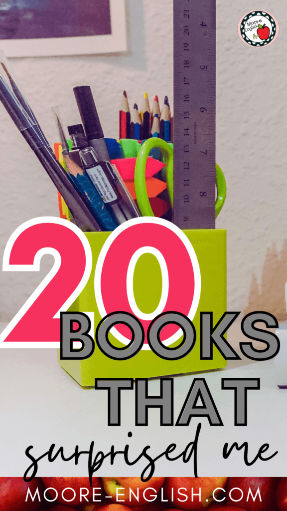 A green pencil holder appears under text that reads: 20 Books that Surprised Me