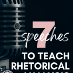 A microphone appears next to text that reads: 7 Powerful Speeches for Teaching Rhetorical Analysis in ELA