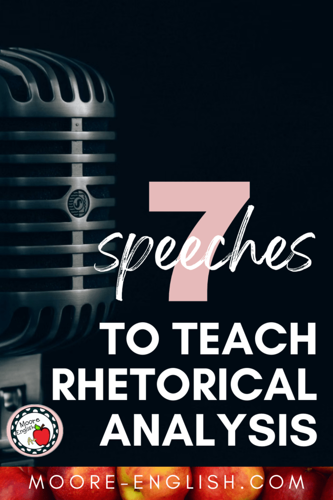 A microphone appears next to text that reads: 7 Powerful Speeches for Teaching Rhetorical Analysis in ELA