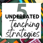 A flatlay of various school supplies appears under text that reads: A white woman holds an iPad or tablet. This appears under text that reads: 5 Underrated Instructional Strategies for All Content Areas