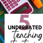 A flatlay of various school supplies appears under text that reads: A white woman holds an iPad or tablet. This appears under text that reads: 5 Underrated Instructional Strategies for All Content Areas