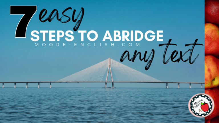 A large suspension bridge crosses a blue expanse of water. This appears under text that reads: Abridging Your First Text? Use these 7 Tips to Keep it Easy