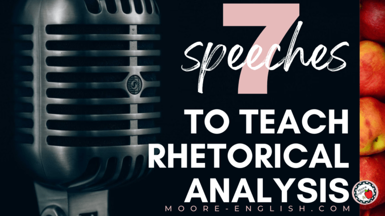 A microphone appears next to text that reads: 7 Powerful Speeches for Teaching Rhetorical Analysis in ELA