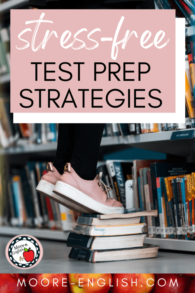 A woman in pink tennis shoes stands atop a stack of books trying to reach the top shelf in the library. This appears under text that reads: 5 Stress-Free Strategies to Prepare for Standardized Testing