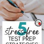 A woman holds a blue pen above a lined notebook. This image appears under text that reads: 5 Stress-Free Strategies to Prepare for Standardized Testing