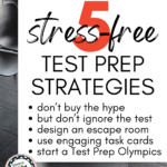 Chairs are lined up in a lecture hall. This image appears under text that reads: 5 Stress-Free Strategies to Prepare for Standardized Testing