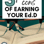 A pair of eye glasses rest atop an open book. This image appears under text that reads: 3 Pros and Cons Of Pursuing an Ed.D