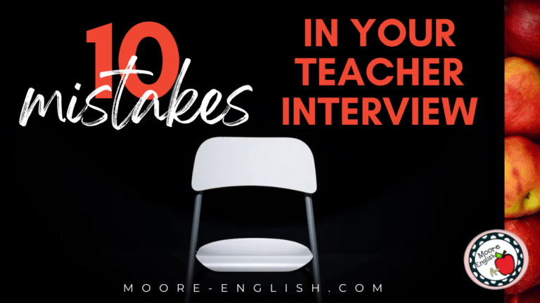 A white plastic chair sits under a spotlight on an otherwise dark stage. This appears under text that reads: 10 Things You're Doing Wrong in Your Teacher Interview