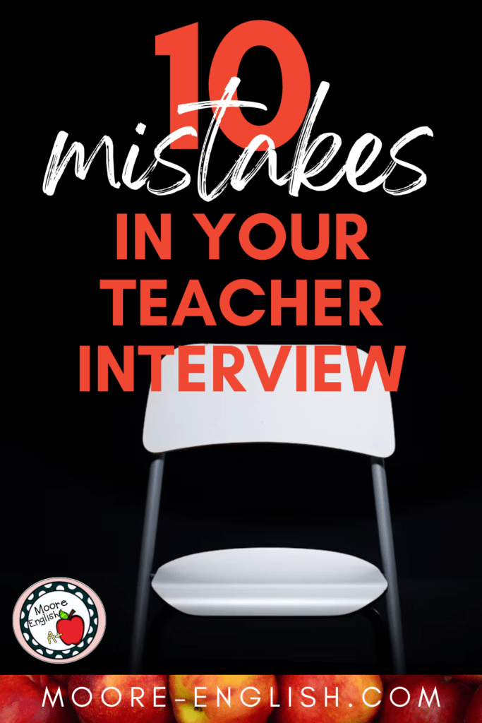 A white plastic chair sits under a spotlight on an otherwise dark stage. This appears under text that reads: 10 Things You're Doing Wrong in Your Teacher Interview