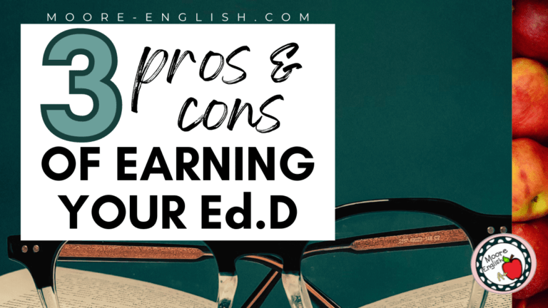 A pair of eye glasses rest atop an open book. This image appears under text that reads: 3 Pros and Cons Of Pursuing an Ed.D