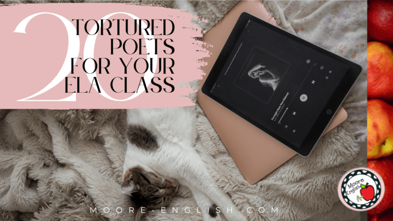 A cat sits next to a tablet playing Taylor Swift's TTPD. This appears under text that reads: 20 Tortured Poets for Your High School English Classroom