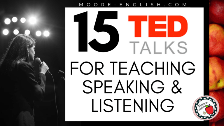 A person giving a speech appears under text that reads: 15 TED Talks for Teaching Speaking and Listening Skills