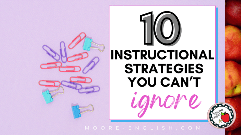 A desk flatlay appears under text that reads: 10 Effective Instructional Strategies You Can't Ignore in ELA